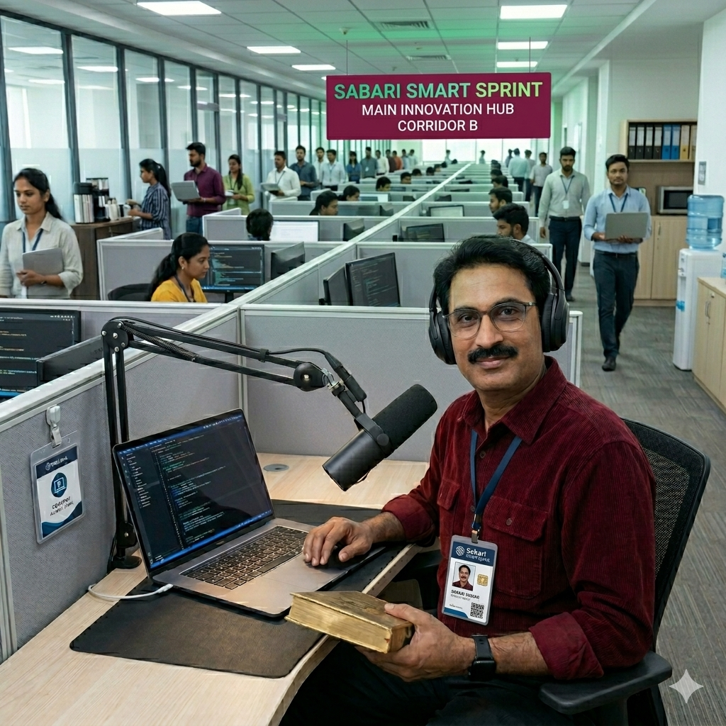 Sabari Smart Sprint — profile with mic, signboard, and corridor